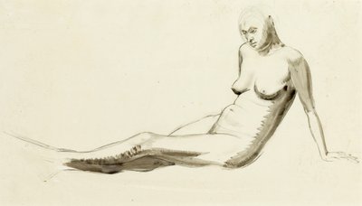 Istuva alaston, n. 1919 (kynä ja pesu kynällä) tekijältä Winifred Knights