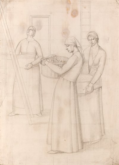 Tutkimus "Design for Wall Decoration" - Kolme naista kantamassa omenakoria, n. 1918 (kynä paperille) tekijältä Winifred Knights