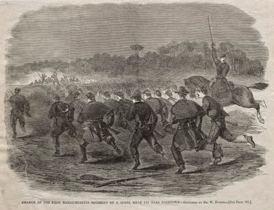 Ensimmäisen Massachusettsin rykmentin hyökkäys kapinallisten kiväärikuoppaan lähellä Yorktownia, 1862. tekijältä Winslow Homer