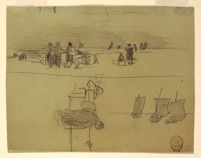 Piirros, Rantakohtaus, jossa naiset kantavat koreja, Cullercoats, Englanti, 1881-82 tekijältä Winslow Homer