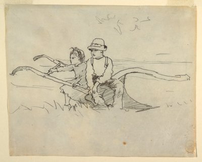Piirros, Poika ja tyttö istuvat auran päällä, 1879 tekijältä Winslow Homer
