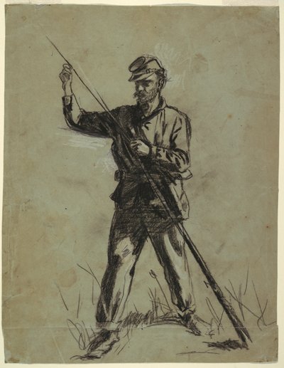 Piirros, ratsuväen sotilas lataa kivääriä, 1863-64. tekijältä Winslow Homer