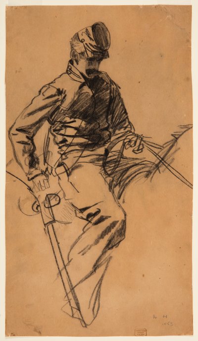 Piirros, ratsuväen sotilas hevosen selässä, 1863 tekijältä Winslow Homer