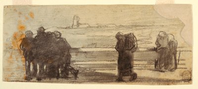 Piirros, Hahmot lahden yli ja pieni vene, Cullercoats, Englanti, 1881-82. tekijältä Winslow Homer