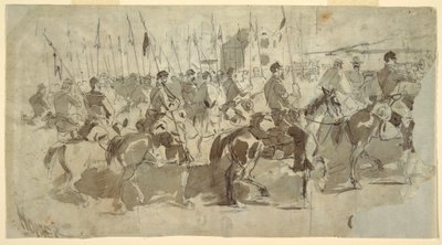 Piirros, kenraali McClellanin kuudes ratsuväkirykmentti lähdössä Alexandriasta Old Point Comfortiin, 2. huhtikuuta 1862. tekijältä Winslow Homer