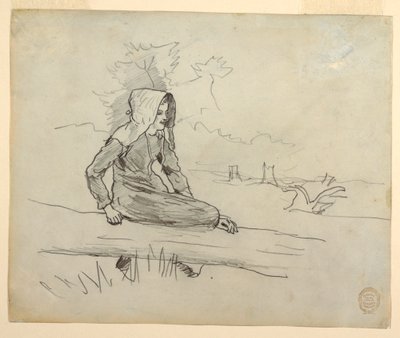 Piirros, Tyttö istuu puunrungolla, 1879 tekijältä Winslow Homer