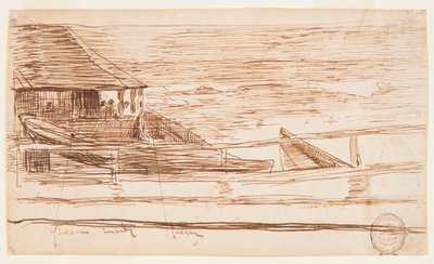 Piirros, Talo kaiteen äärellä ja rantautuneet doryt, Cullercoats, Englanti, 1881. tekijältä Winslow Homer