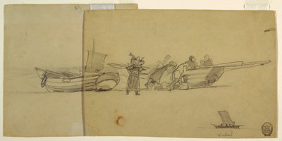 Piirros, Miehet ja naiset purkamassa kalastusveneen lastia, Cullercoats, Englanti, 1881-82. tekijältä Winslow Homer