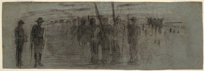 Piirros, upseeri ja adjutantti tarkastamassa laivuetta, mahdollisesti 1864. tekijältä Winslow Homer