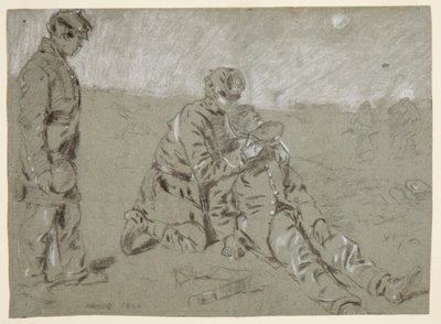 Piirros, sotilas antaa vettä haavoittuneelle toverilleen, 1864 tekijältä Winslow Homer