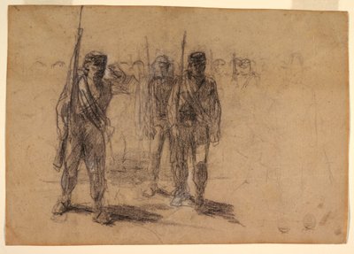 Piirros, Sotilaat puurtavat, luultavasti 1864 tekijältä Winslow Homer