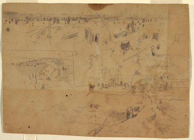 Piirros, Taistelukentän tutkimuksia, jossa on puunkantoja ja räjäytettyjä puunrunkoja, Petersburg, Virginia, 1864. tekijältä Winslow Homer