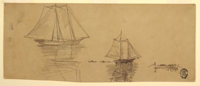 Piirros, Kaksi kuunaria ja laivoja, n. 1880. tekijältä Winslow Homer