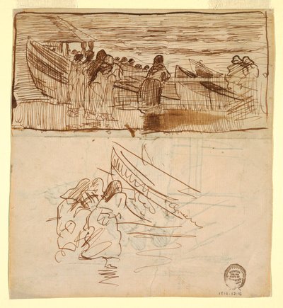 Piirros, Kaksi tutkimusta naisista katsomassa veneiden vesillelaskua, Cullercoats, Englanti, 1881. tekijältä Winslow Homer