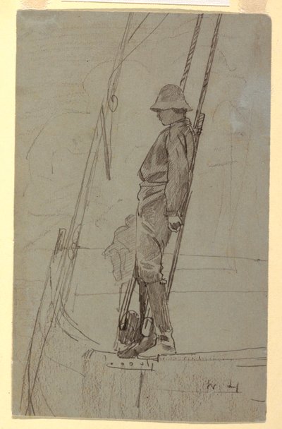 Piirros, Nuori mies nojaa purjeveneen takiloihin, luultavasti 1861-62. tekijältä Winslow Homer