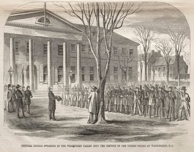 Kenraali Thomas vannoo Yhdysvaltain palvelukseen kutsuttujen vapaaehtoisten valan Washingtonissa. tekijältä Winslow Homer