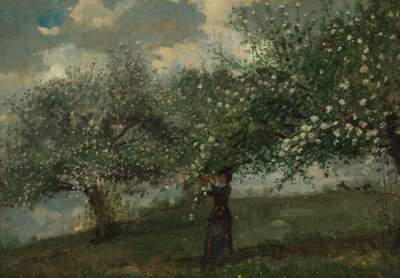 Tyttö poimimassa omenankukkia, 1879. tekijältä Winslow Homer