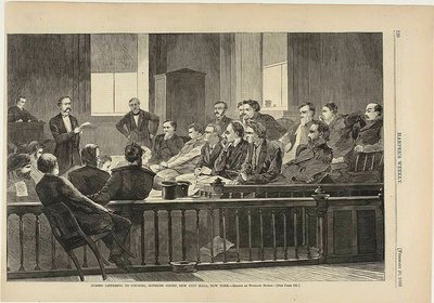 Valamiehiä kuuntelemassa asianajajaa, korkein oikeus, New City Hall, New York tekijältä Winslow Homer