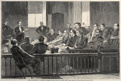 Valamiehet kuuntelevat asianajajia, Korkein oikeus, uusi kaupungintalo, New York tekijältä Winslow Homer