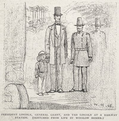 Presidentti Lincoln, kenraali Grant ja Tad Lincoln rautatieasemalla tekijältä Winslow Homer