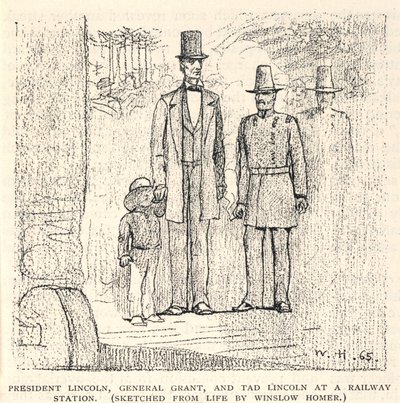 Presidentti Lincoln, kenraali Grant ja Tad Lincoln rautatieasemalla, The Century Magazine, marraskuu 1887. tekijältä Winslow Homer