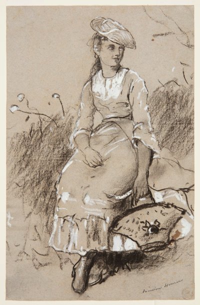 Istuva tyttö korin kanssa tekijältä Winslow Homer
