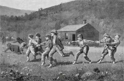 Snap-the-Whip, Harpers Weekly -lehdestä, 20. syyskuuta 1873 (puukaiverrus sanomalehtipaperille). tekijältä Winslow Homer