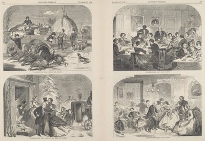 Thanksgiving Day - Ways and Means [ylävasemmalla], julkaistu 1858. tekijältä Winslow Homer