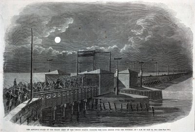 Yhdysvaltain suurarmeijan etuvartio ylittää Potomacin pitkän sillan kello 2.00 24. toukokuuta 1861, Harper