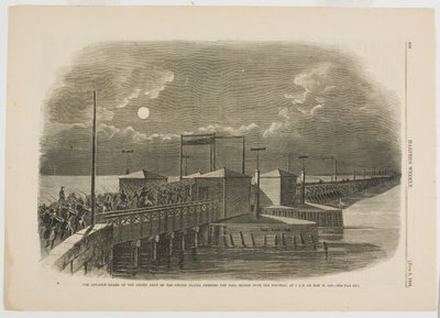 Yhdysvaltain suurarmeijan etuvartio ylittää Potomacin pitkän sillan kello 2.00 24. toukokuuta 1861. tekijältä Winslow Homer