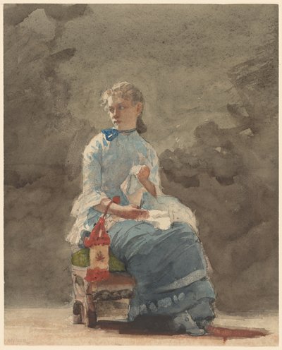 Naisen ompelu, 1878-9 (akvarelli grafiitin päällä luonnonvalkoisella kudotulla akvarellipaperilla) tekijältä Winslow Homer