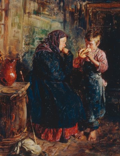 Alte Frau und Knabe mit Brot tekijältä Wladimir Jegorowitsch Makowski