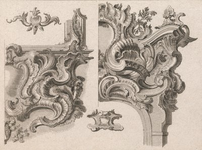 Ehdotus alttarikehyksen oikean ala- ja yläoikean koristeluun..., painettu n. 1750-56. tekijältä Wolffgang Christoph Mayr
