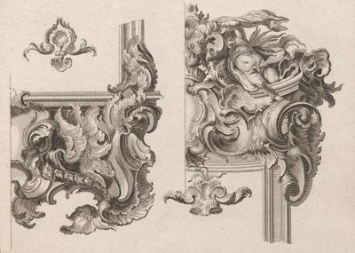 Ehdotus alttarikehyksen oikean ala- ja yläoikean koristeluun..., painettu n. 1750-56. tekijältä Wolffgang Christoph Mayr