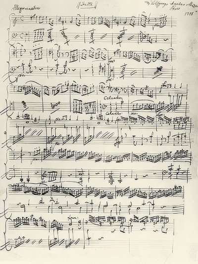 Pianosonaatin a-molli alku. KV310. Nimikirjoitus. 1778 tekijältä Wolfgang Amadeus Mozart