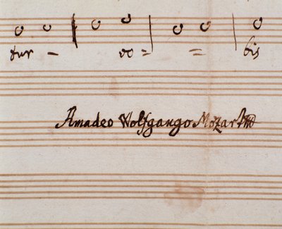 Yksityiskohta säveltäjän allekirjoituksesta Mozartin Querite primum regnum dei -nuottisivulle Accademico filarmonicon (1770) tittelin saamiseksi tekijältä Wolfgang Amadeus Mozart