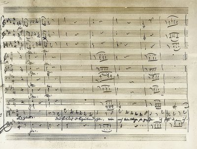 Käsinkirjoitettu Taminon muotokuva-aarian alusta Taikahuilusta. Huomautuksen transkriptio. 1791 tekijältä Wolfgang Amadeus Mozart