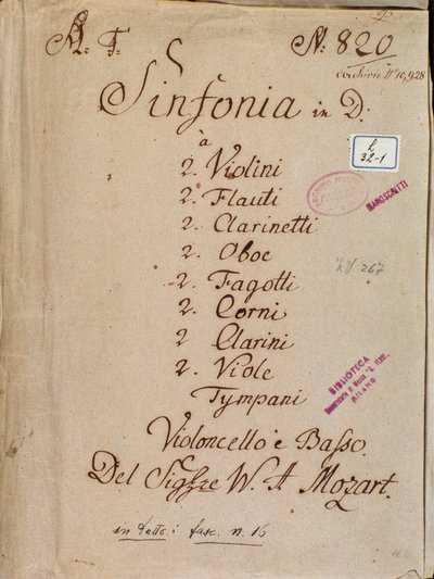 Ensimmäinen sivu nuotteja sinfonialle nro 4 in D, Mozart tekijältä Wolfgang Amadeus Mozart