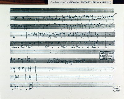 Nuottisivu Mozartin Querite primum regnum deille Accademia Filarmonicon tittelin saamiseksi, isä Martinin (1770) korjaama versio tekijältä Wolfgang Amadeus Mozart