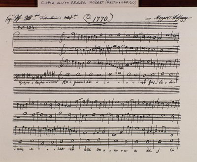 Nuottisivu Mozartin Querite primum regnum deille Accademia Filarmonicon tittelin saamiseksi, isä Martinin (1770) korjaama versio tekijältä Wolfgang Amadeus Mozart