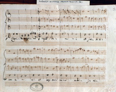 Mozartin Querite primum regnum Dein nuottisivu Accademico filarmonicon (1770) tittelin saamiseksi tekijältä Wolfgang Amadeus Mozart
