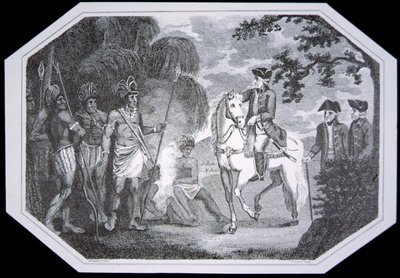 Kenraali Burgoyne ja intiaanit vuonna 1777, kaiverrettu J. Taylor, David Humen ja Tobias Smollettin Englannin historiasta, julkaistu Lontoossa tekijältä Woodruff (after)