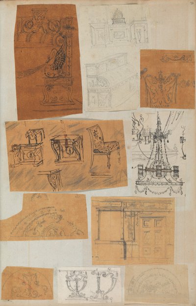 Sivu leikekirjasta, joka sisältää piirustuksia ja useita arkkitehtuurivedoksia, Int..., ca. 1800-1850. Tekijät: Charles Percierin työpaja, Pierre François Léonard Fontainen työpaja. tekijältä Workshop of Charles Percier, Workshop of Pierre