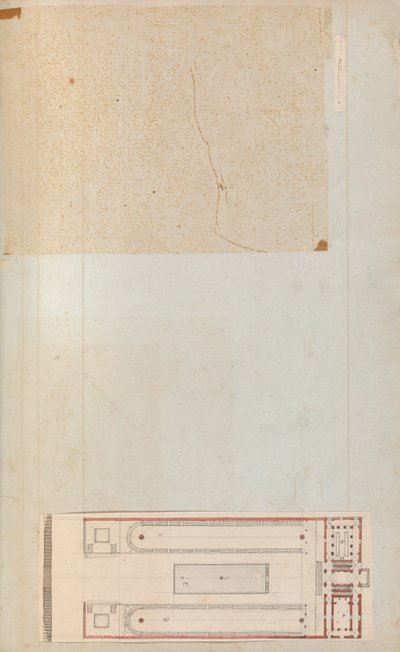 Sivu leikekirjasta, joka sisältää piirustuksia ja useita arkkitehtuurivedoksia, Int..., ca. 1800-1850. Tekijät: Charles Percierin työpaja, Pierre François Léonard Fontainen työpaja. tekijältä Workshop of Charles Percier, Workshop of Pierre