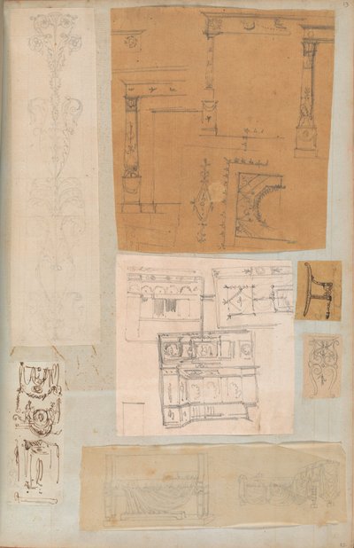 Sivu leikekirjasta, joka sisältää piirustuksia ja useita arkkitehtuurivedoksia, Int..., ca. 1800-1850. Tekijät: Charles Percierin työpaja, Pierre François Léonard Fontainen työpaja. tekijältä Workshop of Charles Percier, Workshop of Pierre