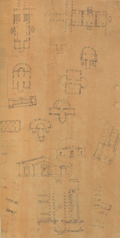 Sivu leikekirjasta, joka sisältää piirustuksia ja useita arkkitehtuurivedoksia, Int..., ca. 1800-1850. Tekijät: Charles Percierin työpaja, Pierre François Léonard Fontainen työpaja. tekijältä Workshop of Charles Percier, Workshop of Pierre