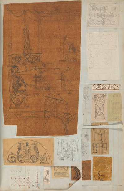 Sivu leikekirjasta, joka sisältää piirustuksia ja useita arkkitehtuurivedoksia, Int..., ca. 1800-1850. Tekijät: Charles Percierin työpaja, Pierre François Léonard Fontainen työpaja. tekijältä Workshop of Charles Percier, Workshop of Pierre