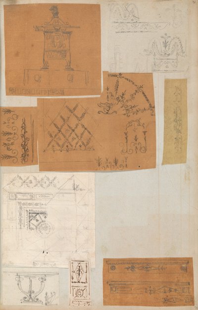 Sivu leikekirjasta, joka sisältää piirustuksia ja useita arkkitehtuurivedoksia, Int..., ca. 1800-1850. Tekijät: Charles Percierin työpaja, Pierre François Léonard Fontainen työpaja. tekijältä Workshop of Charles Percier, Workshop of Pierre