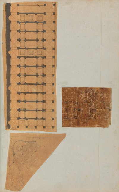 Sivu leikekirjasta, joka sisältää piirustuksia ja useita arkkitehtuurivedoksia, Int..., ca. 1800-1850. Tekijät: Charles Percierin työpaja, Pierre François Léonard Fontainen työpaja. tekijältä Workshop of Charles Percier, Workshop of Pierre