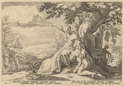 Clymene demanant a Phaeton a trobar Heliosfinnish tekijältä Workshop of Hendrick Goltzius, after Hendrick Goltzius